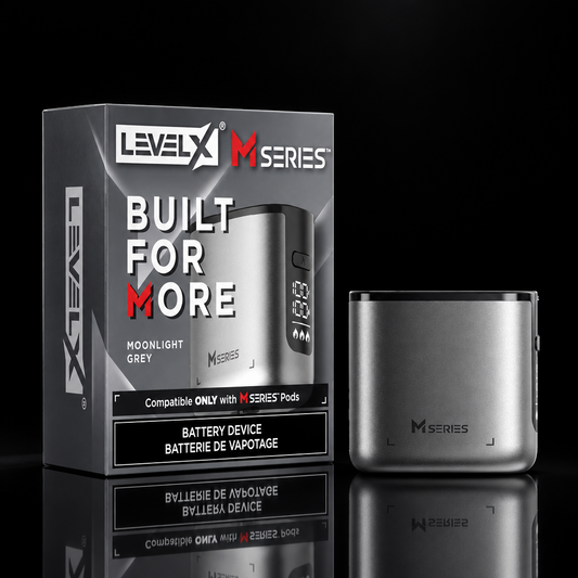 Level X M Series battery device in moonlight grey shown next to its retail packaging box on a plain white background.