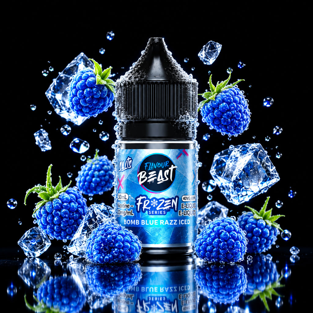 A bottle of e-liquid from Flavour Beast's Frozen Series, labeled 'Bomb Blue Razz Iced', is centered on a stylized icy blue background with floating blue raspberries and ice cubes.