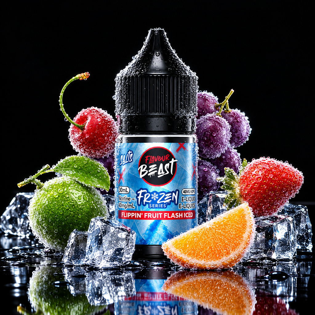 A bottle of Flavour Beast Frozen Fruit Flash Ice e-liquid centered on a stylized icy blue background, surrounded by frozen cherries, a purple grapefruit, a strawberry, a lime, an orange slice, and ice blocks. The bottle label reads 'Flavour Beast', 'Frozen', and 'Fruitin' Fruit Flash Ice'.