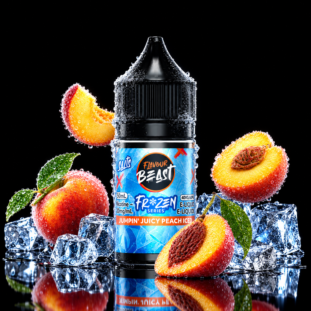 A bottle of Flavour Beast Frozen Peach Ice e-liquid centered on a stylized icy blue background with floating peach slices and ice blocks. The label reads 'Frozen Peach Ice' and shows the Flavour Beast branding.