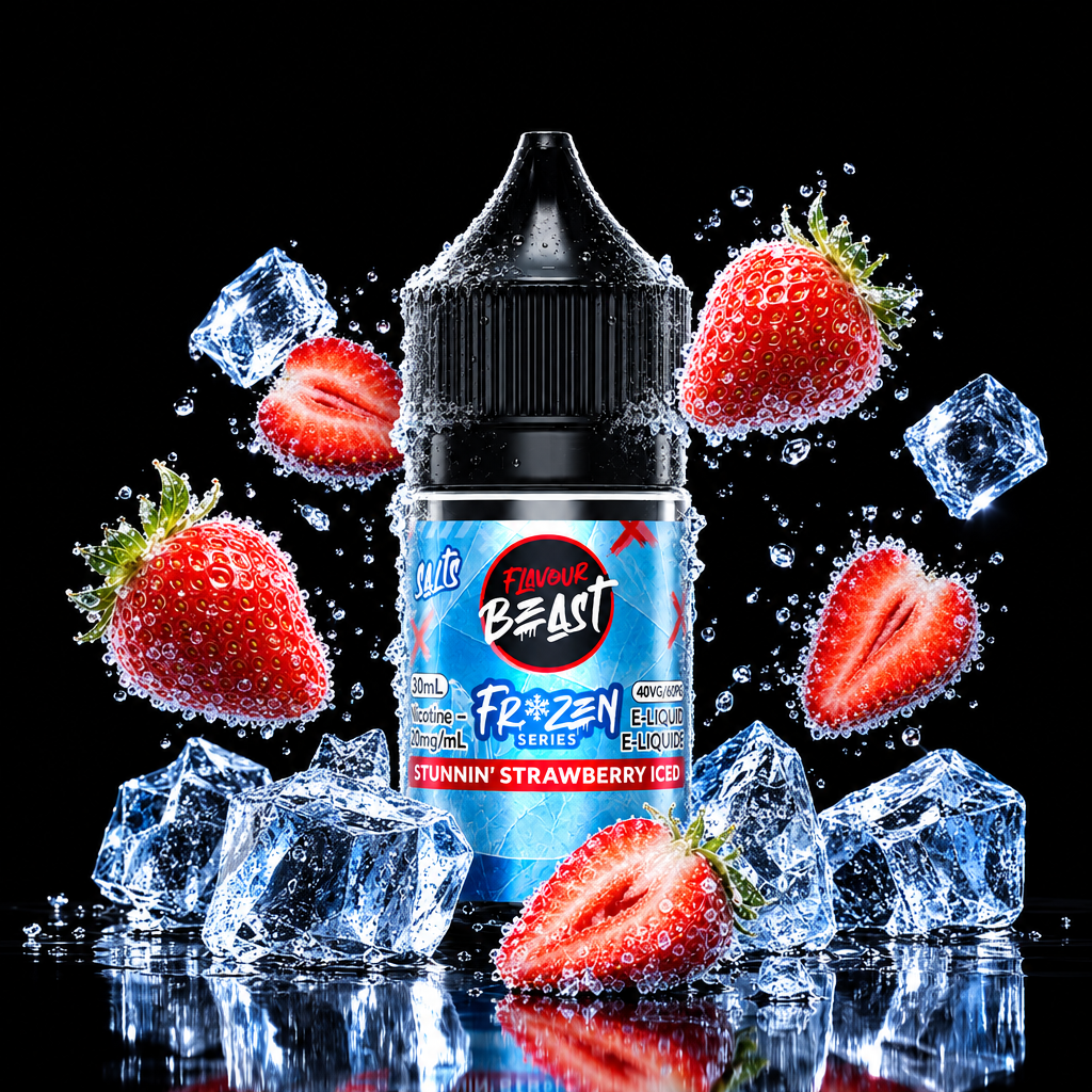 A bottle of Fyfe Beast Frozen Strawberry Iced e-liquid centered on a stylized icy blue background with floating whole and sliced strawberries and ice cubes. The label reads Fyfe Beast, Frozen, and Strawberry Iced.
