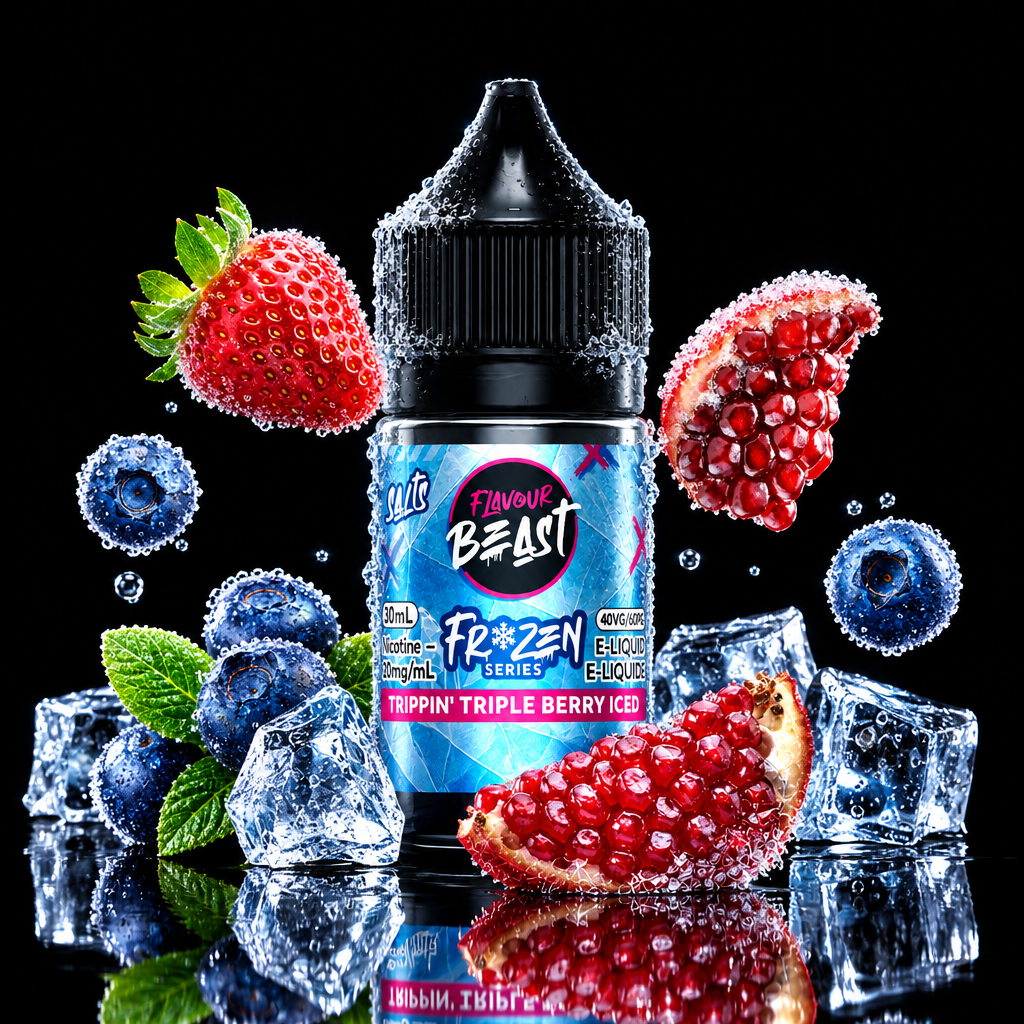 A bottle of e-liquid centered on a stylized icy blue background with floating strawberries, blueberries, pomegranate seeds, mint leaves, and ice cubes. The bottle label reads 'Favourite Beast Frozen Triple Berry KOD' and shows flavor imagery rather than a real environment, so this is Product/Packaging rather than Lifestyle.