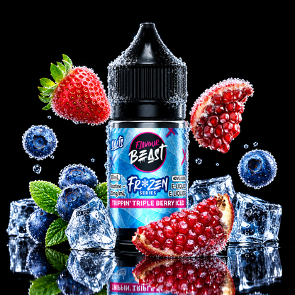 A bottle of e-liquid centered on a stylized icy blue background with floating strawberries, blueberries, pomegranate seeds, mint leaves, and ice cubes. The bottle label reads 'Favourite Beast Frozen Triple Berry KOD' and shows flavor imagery rather than a real environment, so this is Product/Packaging rather than Lifestyle.