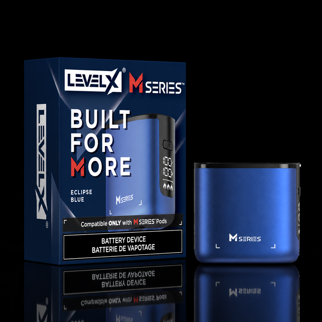 Level X M Series Battery Device in Eclipse Blue shown next to its retail packaging box on a clean white background.