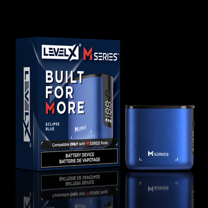 Level X M Series Battery Device in Eclipse Blue shown next to its retail packaging box on a clean white background.