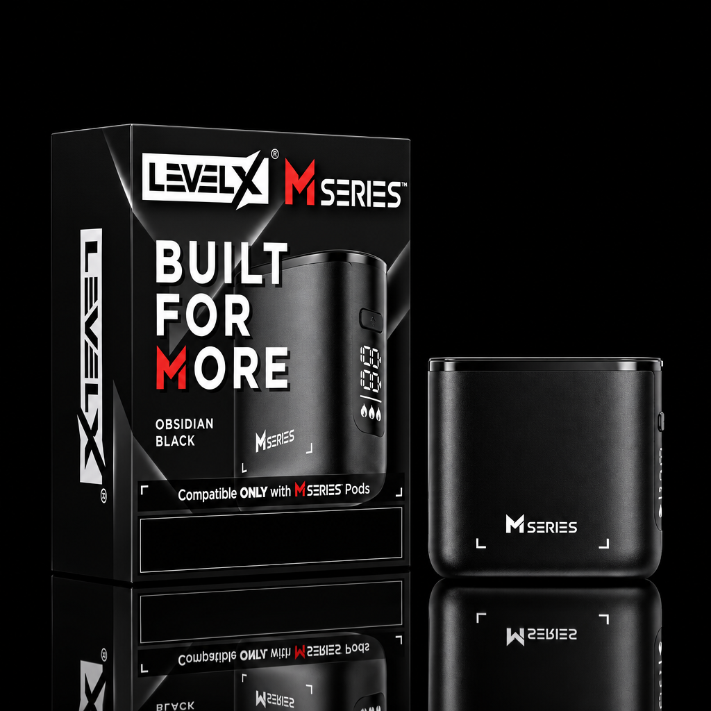 Level X M Series battery device in Obsidian Black shown next to its retail packaging box on a clean white background.