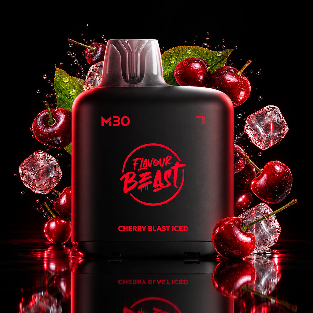 A black vape device labeled 'M30 Flavour Beast Cherry Blast Iced' surrounded by floating cherries, ice cubes, and red neon lighting in a dramatic promotional composition.