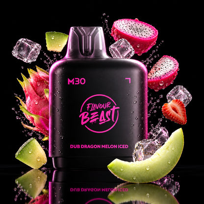 A black vape device labeled 'Flavour Beast M30' with neon pink text, surrounded by sliced dragon fruit, melon, strawberries, and ice cubes in a dark pink and purple graphic background.
