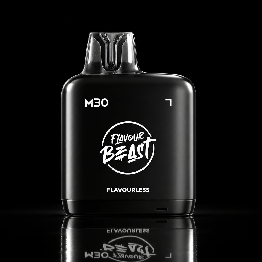 A black vape device labeled 'M30' and 'Flavour Beast Flavourless' stands centered in a dramatic studio setup with glowing white geometric lines and smoke effects against a dark background.