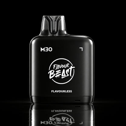 A black vape device labeled 'M30' and 'Flavour Beast Flavourless' stands centered in a dramatic studio setup with glowing white geometric lines and smoke effects against a dark background.