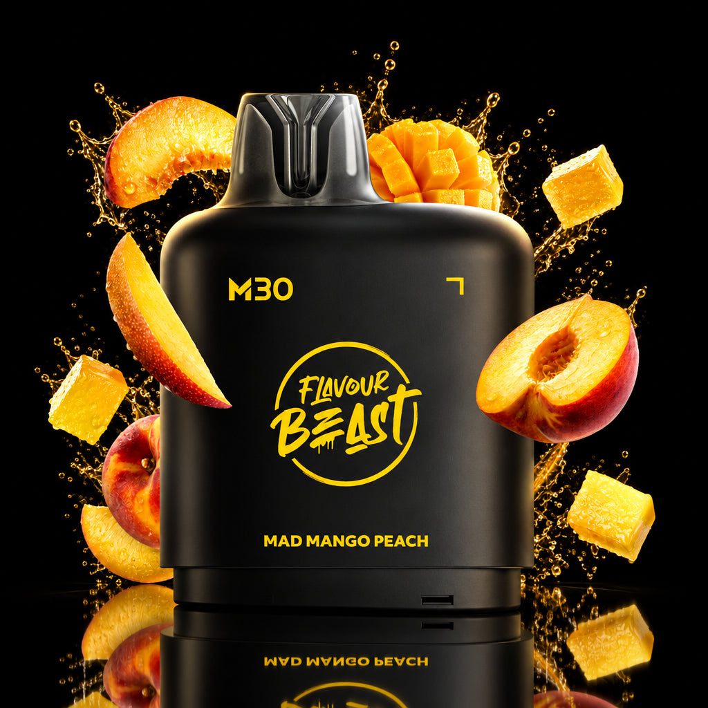 A black vape device labeled 'M30' and 'Flavour Beast' with 'Mad Mango Peach' flavor, surrounded by floating peach slices, mango cubes, and dramatic gold neon lighting on a dark background.