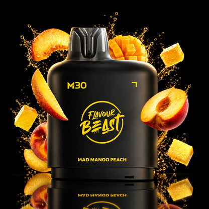 A black vape device labeled 'M30' and 'Flavour Beast' with 'Mad Mango Peach' flavor, surrounded by floating peach slices, mango cubes, and dramatic gold neon lighting on a dark background.