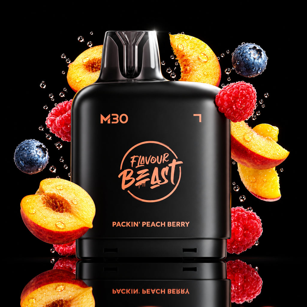 A black vape device labeled 'Flavour Beast M30' with peach and berry flavor graphics, surrounded by floating peach slices, raspberries, and blueberries on a dark glowing background.