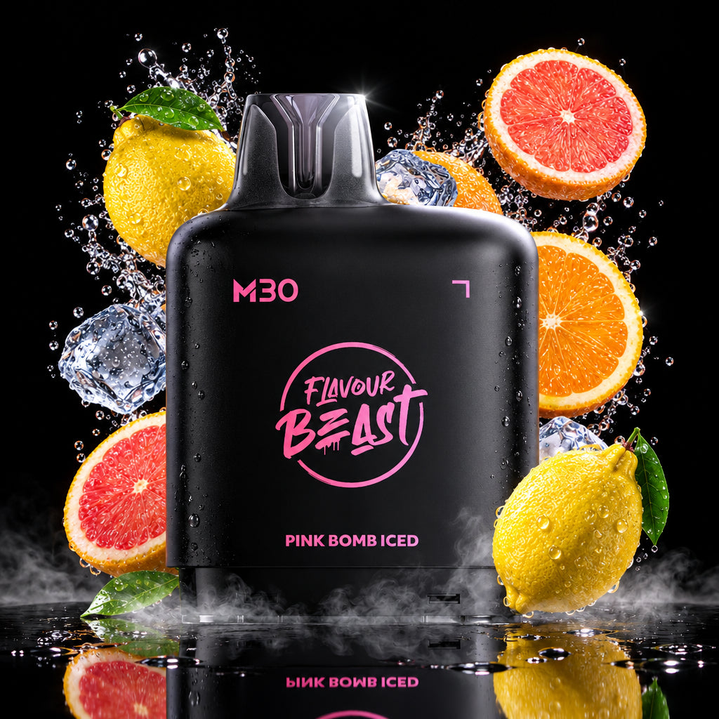 A vape device labeled 'M30 Flavour Beast Pink Bomb Iced' in dark pink, surrounded by lemons, orange slices, and ice cubes in a neon pink and purple graphic setting.
