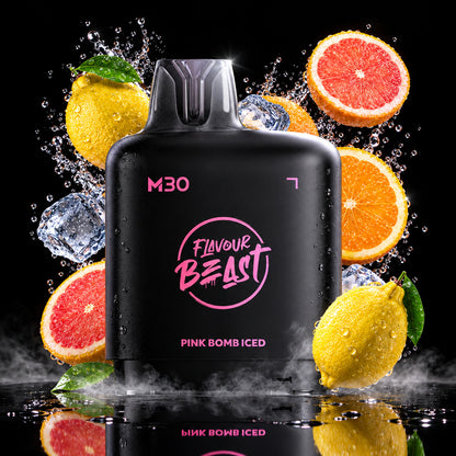 A vape device labeled 'M30 Flavour Beast Pink Bomb Iced' in dark pink, surrounded by lemons, orange slices, and ice cubes in a neon pink and purple graphic setting.