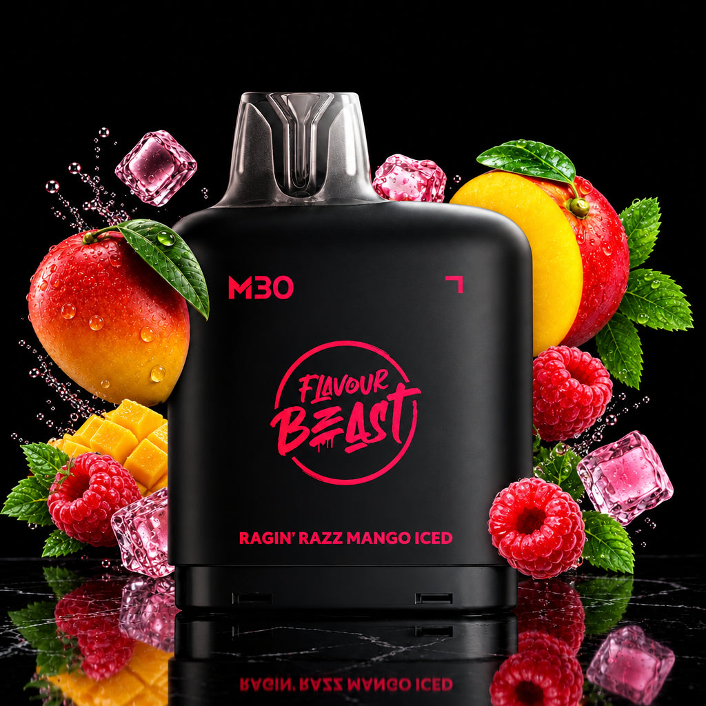 A black vape device labeled 'M30' and 'Flavour Beast' with 'Ragin' Razz Mango Iced' text, surrounded by illustrated mangoes, raspberries, ice cubes, and neon red lighting on a dark background.