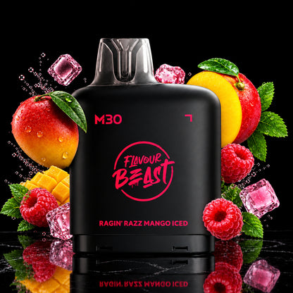 A black vape device labeled 'M30' and 'Flavour Beast' with 'Ragin' Razz Mango Iced' text, surrounded by illustrated mangoes, raspberries, ice cubes, and neon red lighting on a dark background.