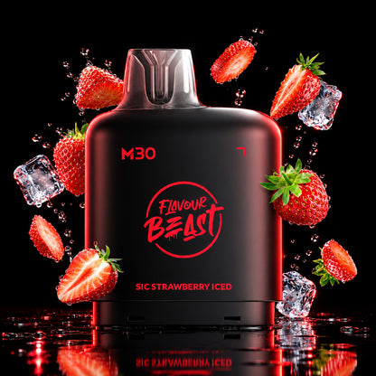 A black vape device labeled 'Flavour Beast M30 Sic Strawberry Iced' surrounded by fresh strawberries and ice cubes in a dark red and black promotional graphic.