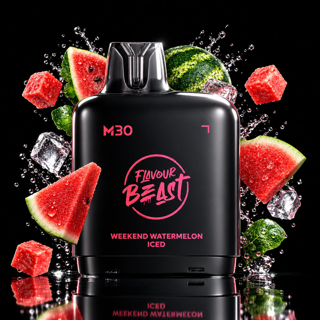 A black vape device labeled 'Flavour Beast M30 Weekend Watermelon Iced' surrounded by floating watermelon slices, watermelon cubes, and ice on a dark neon background.