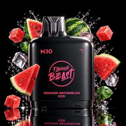 A black vape device labeled 'Flavour Beast M30 Weekend Watermelon Iced' surrounded by floating watermelon slices, watermelon cubes, and ice on a dark neon background.